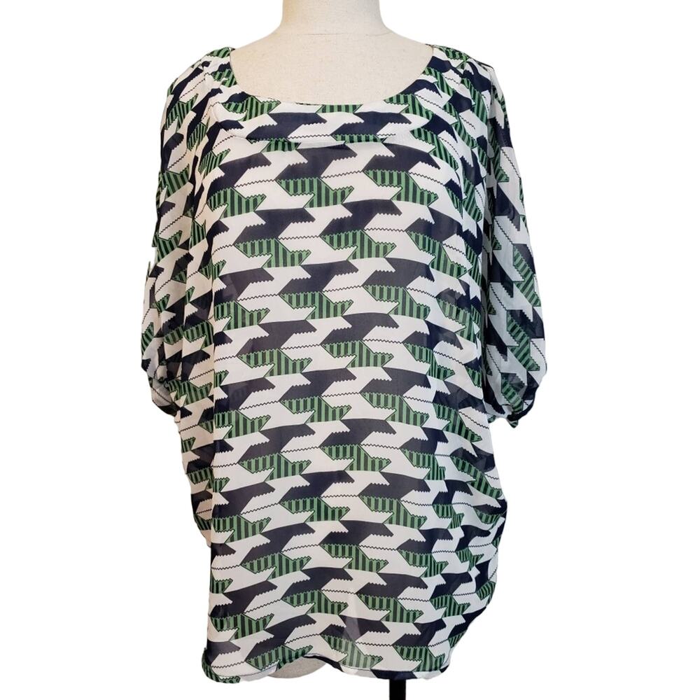 Miami Blouse Shirt Womens Medium Sheer Flowy Abstract Green Blue 100 Polyester
